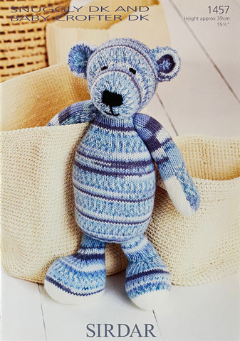 Image of a knitting pattern cover showing a blue bear knitted in a Fair Isle effect yarn