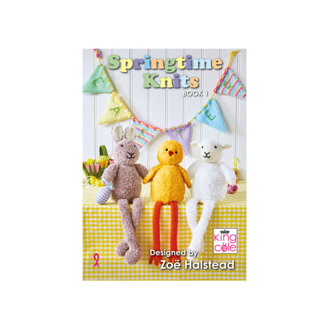 Image of cover of King Cole Springtime Knits knitting pattern book. The cover features Happy Easter bunting and three shelf sitters - bunny, chick and lamb - with long legs that dangle off the shelf