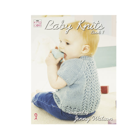 Image of cover of baby knits knitting pattern book featuring a baby wearing a cardigan with lace effect panel on the back