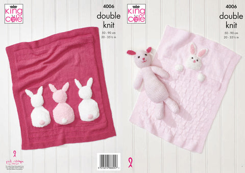 Knitting pattern image of two baby blankets with bunnies
