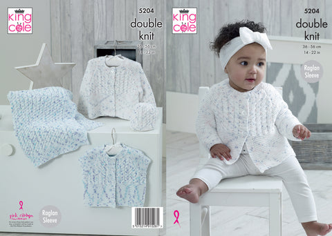 Knitting pattern image of baby clothes and blanket