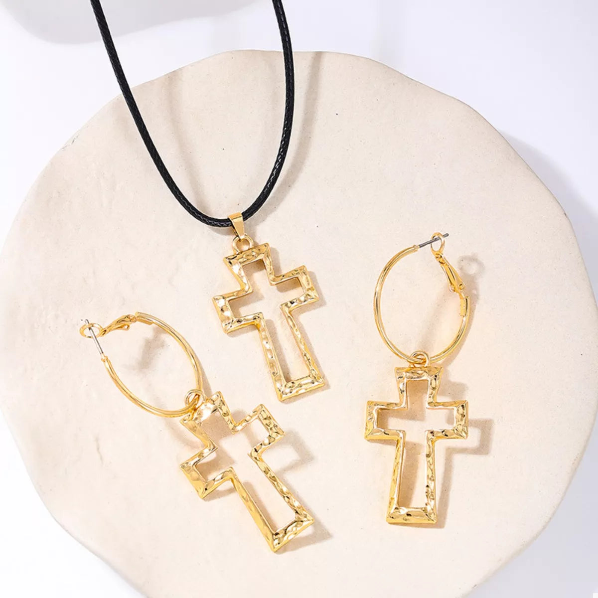 Cross Pendant Necklace & Hoop Earrings Jewelry Set