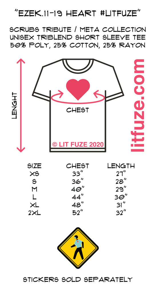 LIT FUZE Heart Design Triblend Unisex T-Shirt Size Chart