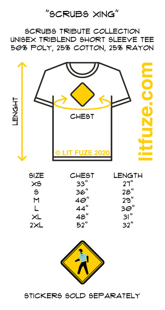 LIT FUZE Scrubs Heart Shirt and Scrubs Mask Design Triblend Unisex T-Shirt Size Chart