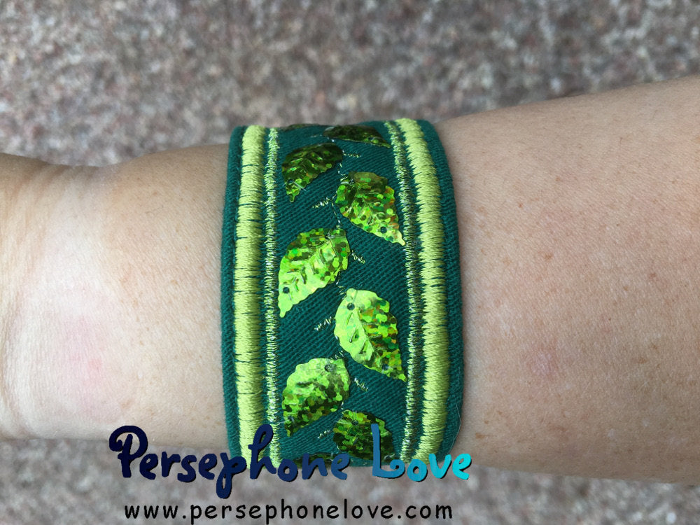 Green embroidered leaf sequin upcycled denim festival bracelet-1191 –  Persephone Love