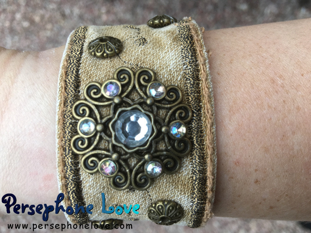 Tan bronze embroidered upcycled denim steampunk hippie festival rhines –  Persephone Love