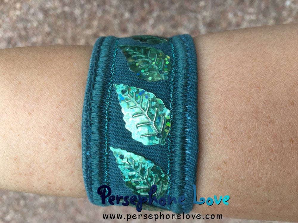 Teal turquoise embroidered leaf sequin upcycled denim hippie festival –  Persephone Love