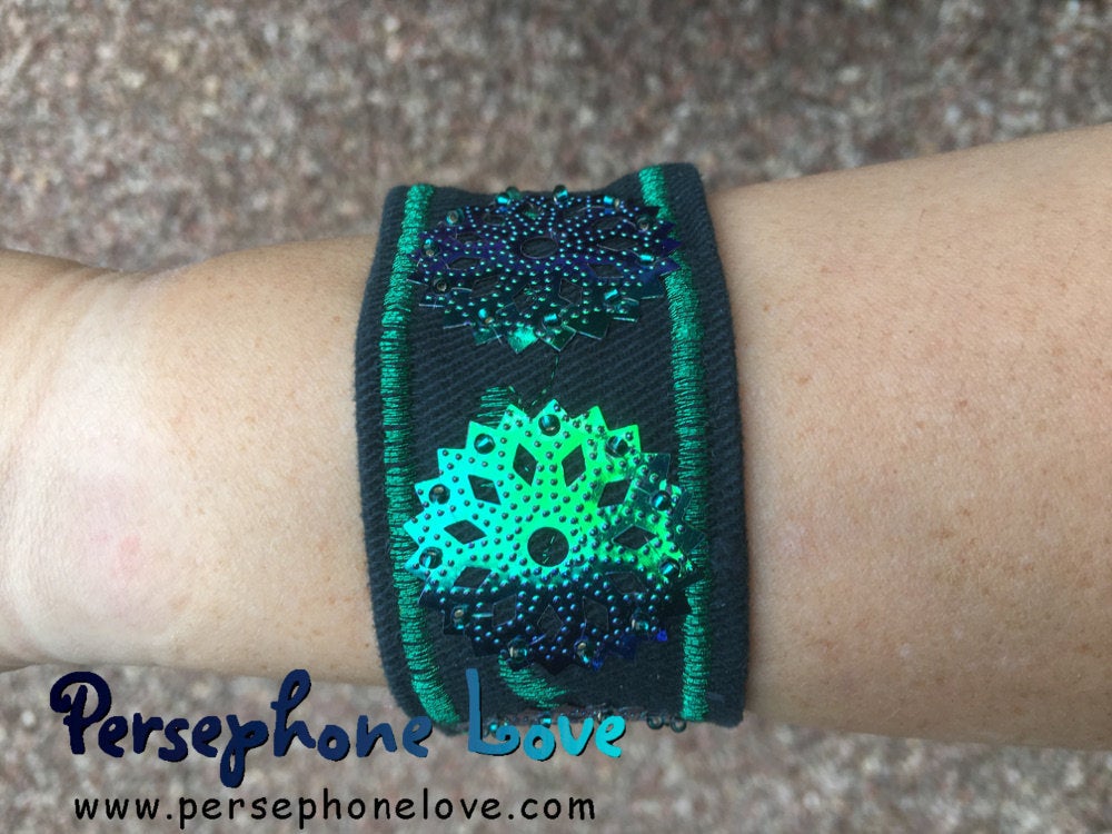 Green beaded kaleidoscope sequin upcycled denim hippie festival bracel –  Persephone Love