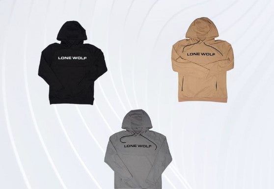 Black, tan, and gray athletic fit hoodies against a white background