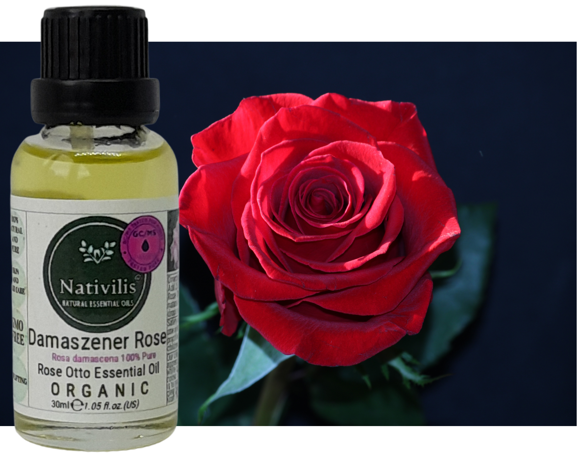 Nativilis Organic Rose Otto Essential Oil (Rosa damascena) - 100% Pure and Natural - 30ml - (GC/MS Tested) -