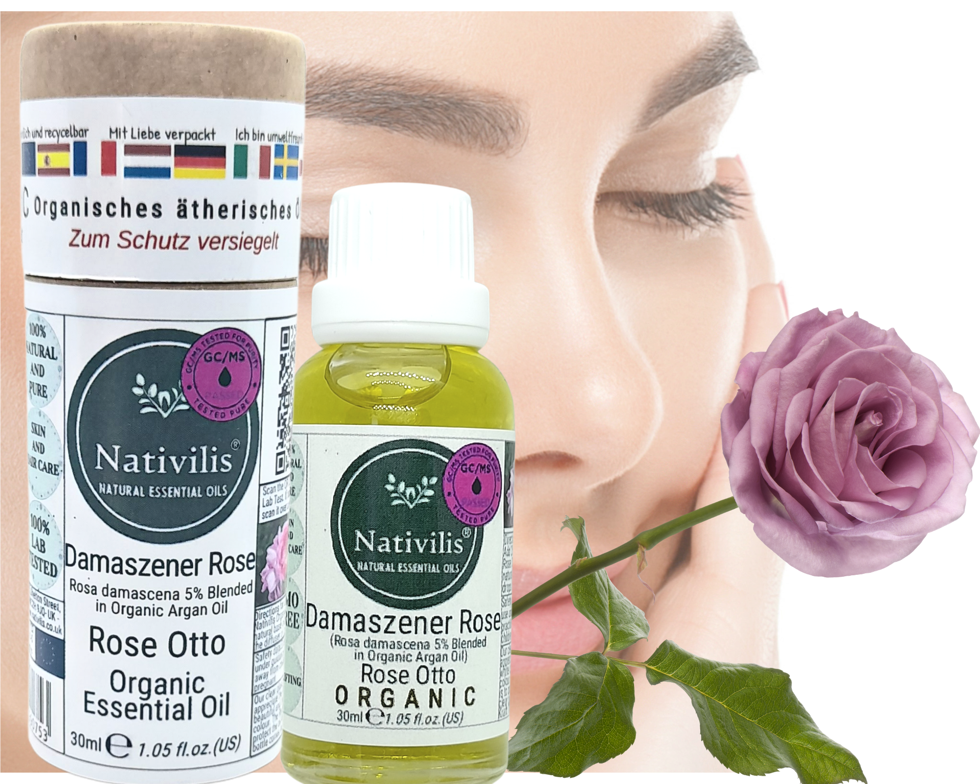 Nativilis Organic Rose Otto Essential Oil Blend 5% (Rosa damascena/Argania spinosa) - 100% Natural - 30ml - (GC/MS Tested)