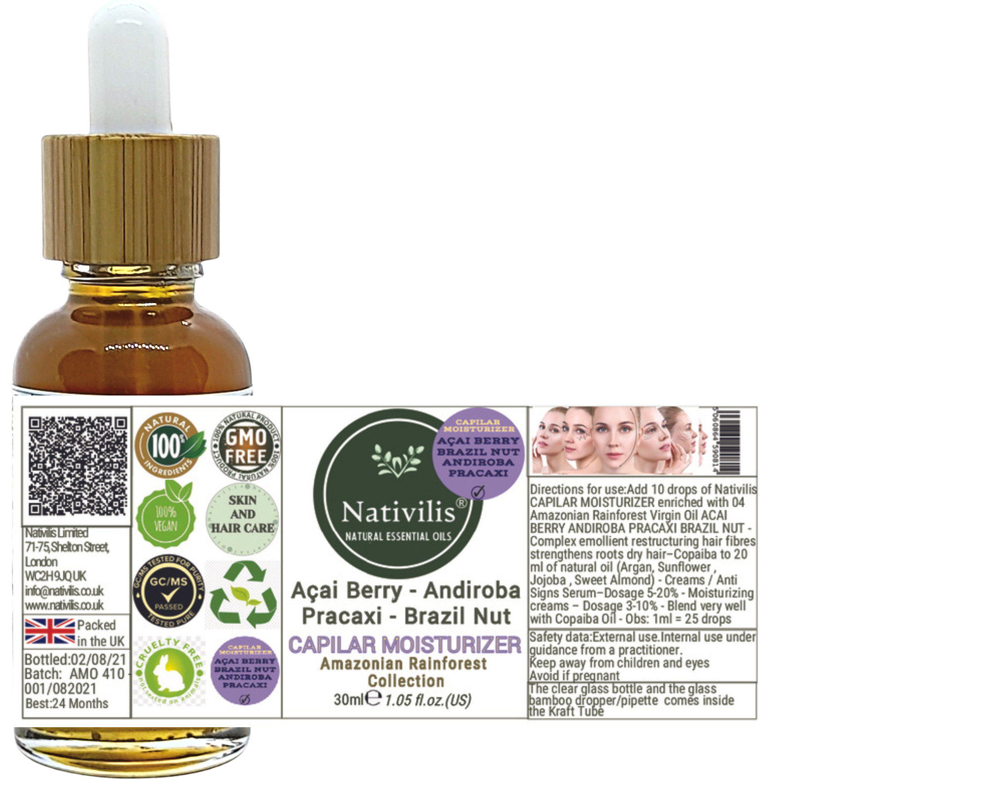 Nativilis CAPILAR MOISTURIZER enriched with 04 Amazonian Rainforest Virgin Oil ACAI BERRY ANDIROBA PRACAXI BRAZIL NUT