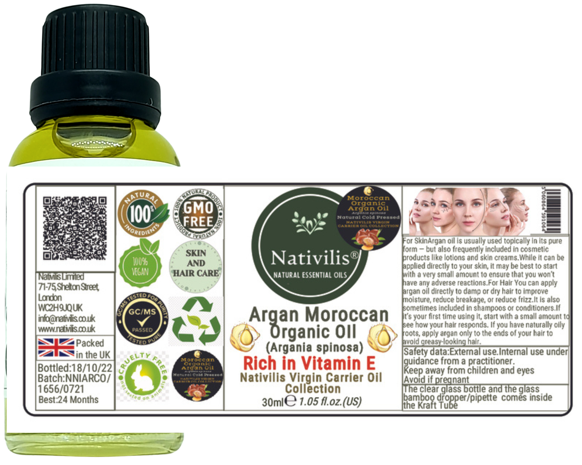 Nativilis Organic Argan Oil Moroccan (Argania spinosa) Hair, Face & Skin - Natural Cold Pressed Carrier Oil - Pure & Natural, Anti-Ageing, Antioxidant, Vegan, No GMO - Rich in Vitamin E – Copaiba