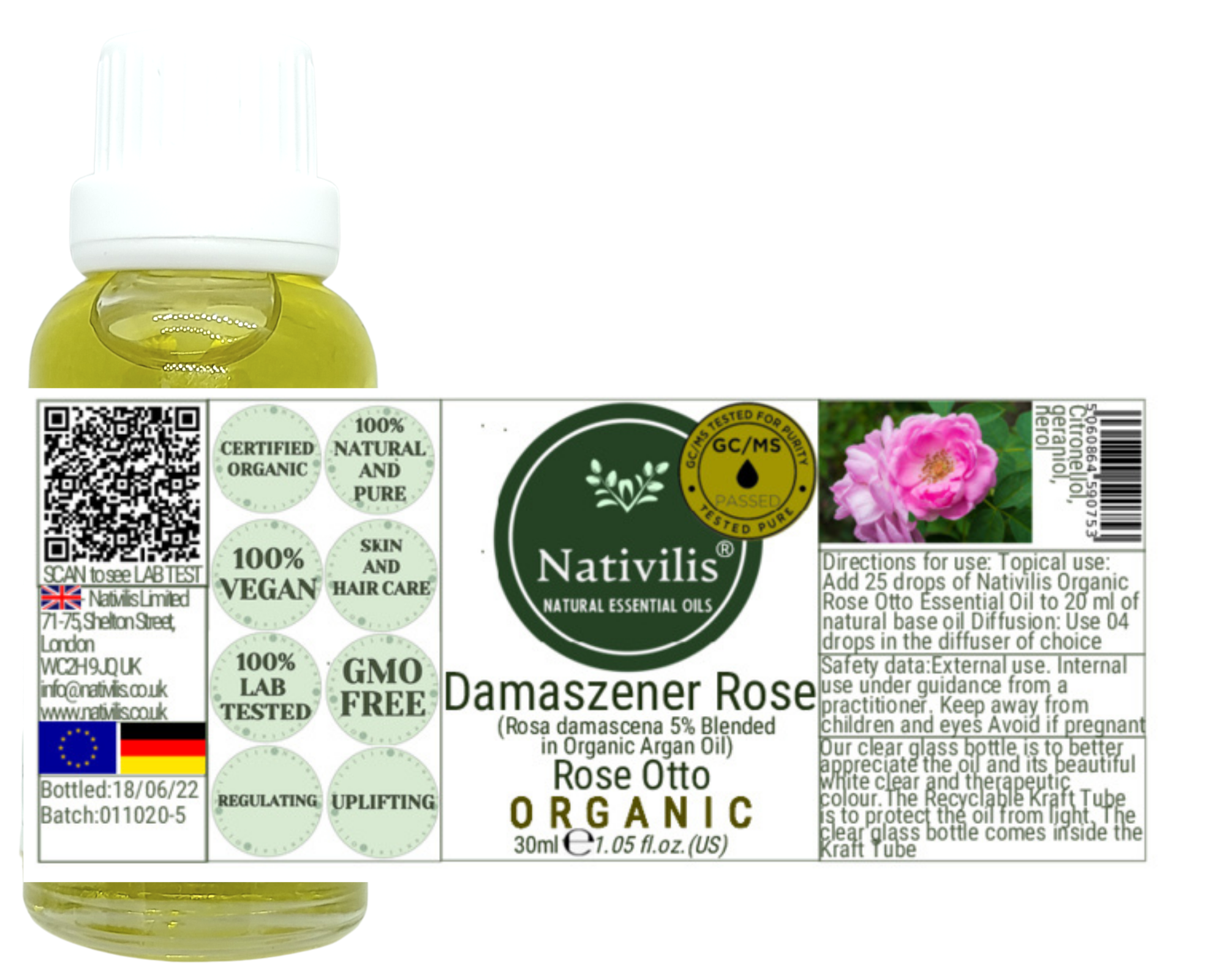 Nativilis Organic Rose Otto Essential Oil Blend 5% (Rosa damascena/Argania spinosa) - 100% Natural - 30ml - (GC/MS Tested)