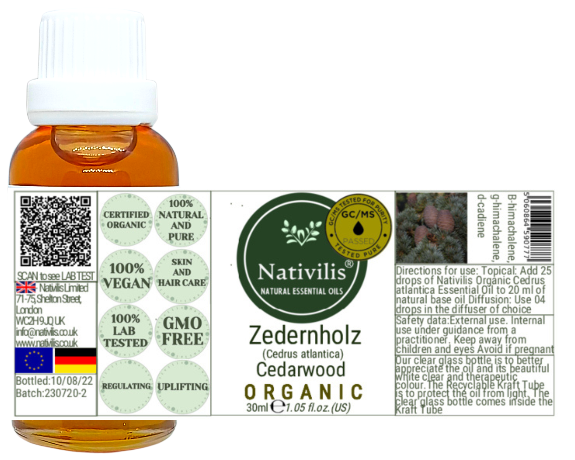 Nativilis Organic Cedarwood Essential Oil (Cedrus atlantica) - 100% Natural - 30ml - (GC/MS Tested)