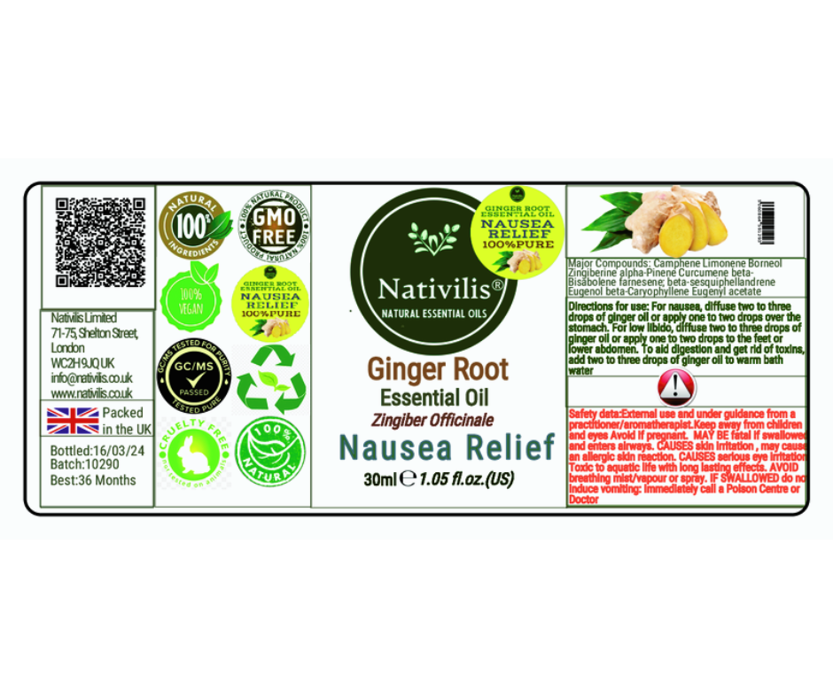 Nativilis Ginger Root Essential Oil (Zingiber Officinale ) - Anti-inflammatory relieve nausea - promote hair health and growth and skin care - Copaiba properties 30ml