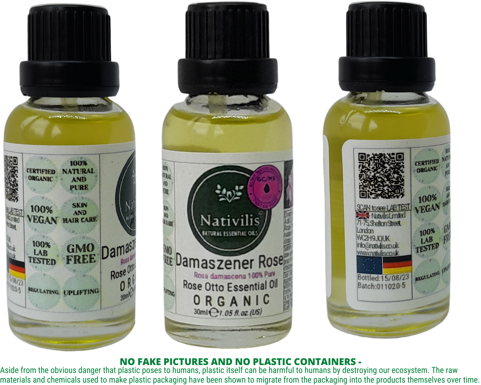 Nativilis Organic Rose Otto Essential Oil (Rosa damascena) - 100% Pure and Natural - 30ml - (GC/MS Tested) -