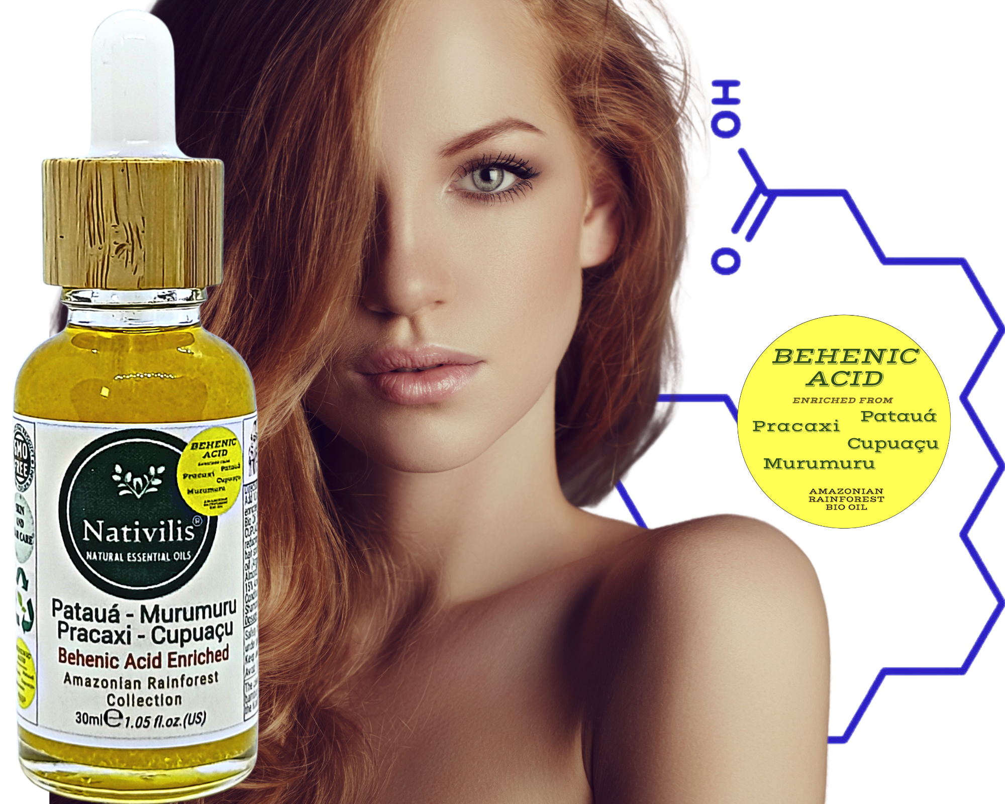 Nativilis BEHENIC ACID enriched from 04 Amazonian Rainforest Bio Oil - PATAUA PRACAXI MURUMURU CUPUACU- boosts hydration levels, reducing frizz and curl volume, leaving hair shiny - Copaiba Media 1 of 17