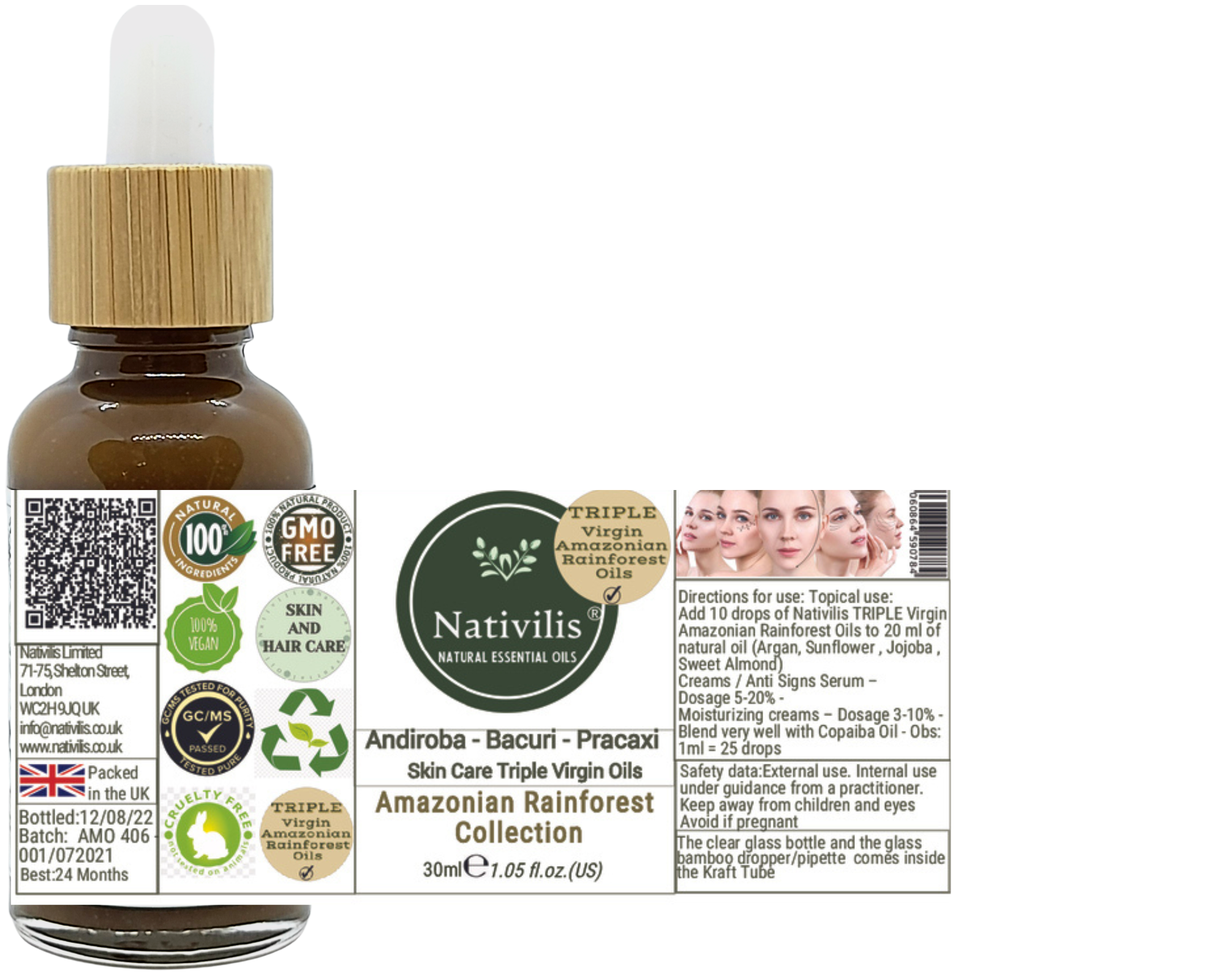 Nativilis TRIPLE Virgin Amazonian Rainforest Bio Oil - ANDIROBA - BACURI – PRACAXI - enriched 03 vegetable oils concentrated active efficacy treatment prevention cellulitis - Copaiba