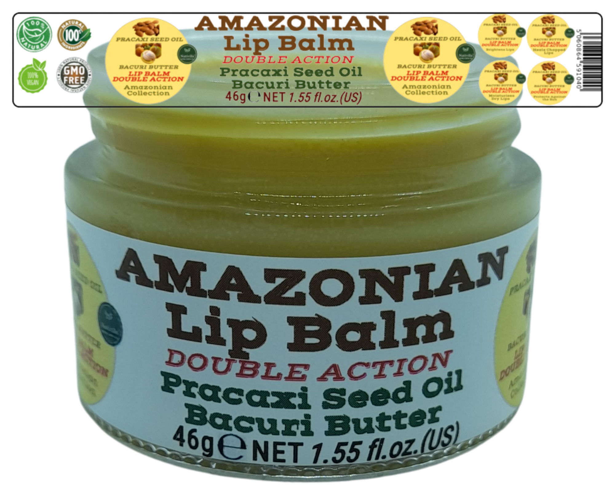 Nativilis AMAZONIAN LIP BALM DOUBLE ACTION FORMULA WITH PRACAXI SEED OIL (Pentaclethra macroloba) + BACURI BUTTER (Platonia insignis) Moisturises Dry Lips and Heals Chapped Lips - Toned Lips - Copaiba