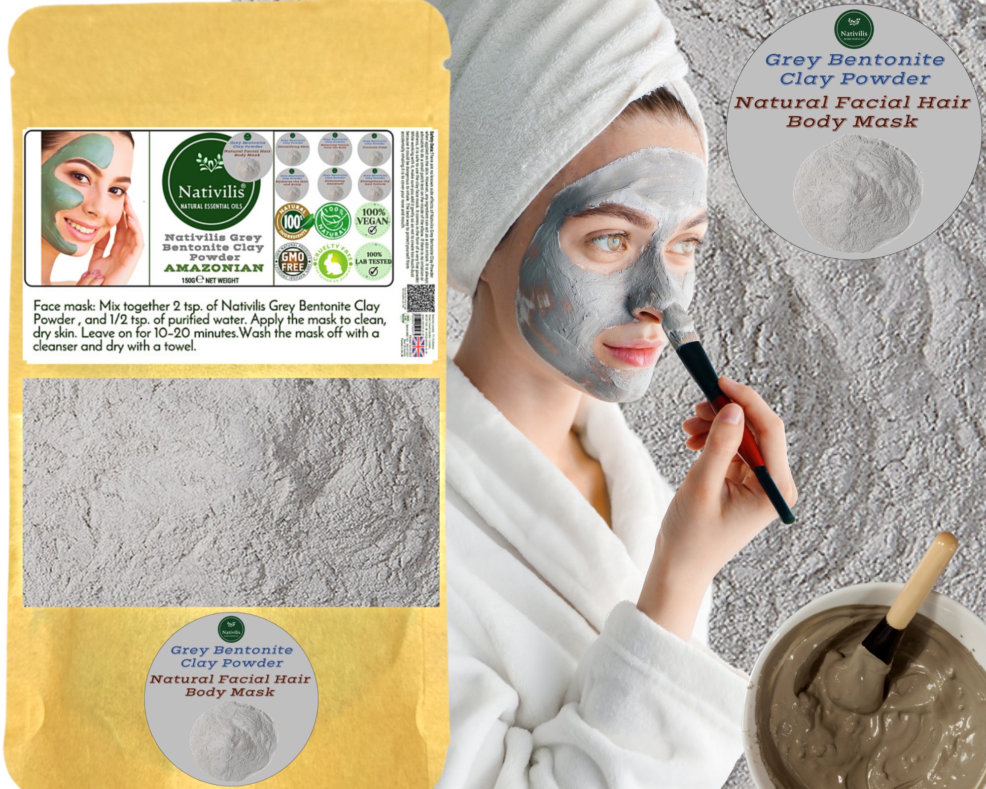 Nativilis Gray (Grey) Bentonite Clay Powder - Natural Facial Hair Body Mask Fine Soft Texture Removing Toxins from the Body Detoxifying Skin Hydrates the Hair and Scalp Copaiba