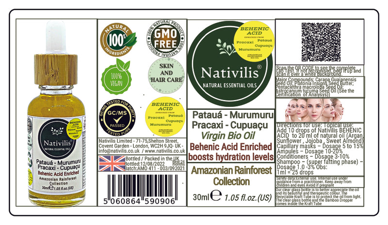 Nativilis BEHENIC ACID enriched from 04 Amazonian Rainforest Bio Oil - PATAUA PRACAXI MURUMURU CUPUACU- boosts hydration levels, reducing frizz and curl volume, leaving hair shiny - Copaiba