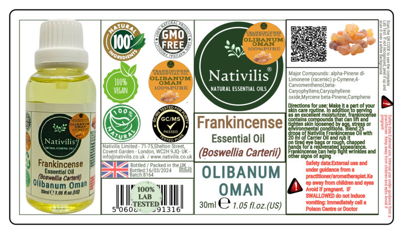 Nativilis Frankincense Carterii Olibanum Oil Oman (Boswellia Carterii ) - natural anti-acne anti-wrinkle improve oral hygiene prevent gum disease antibacterial properties - Copaiba properties 30ml