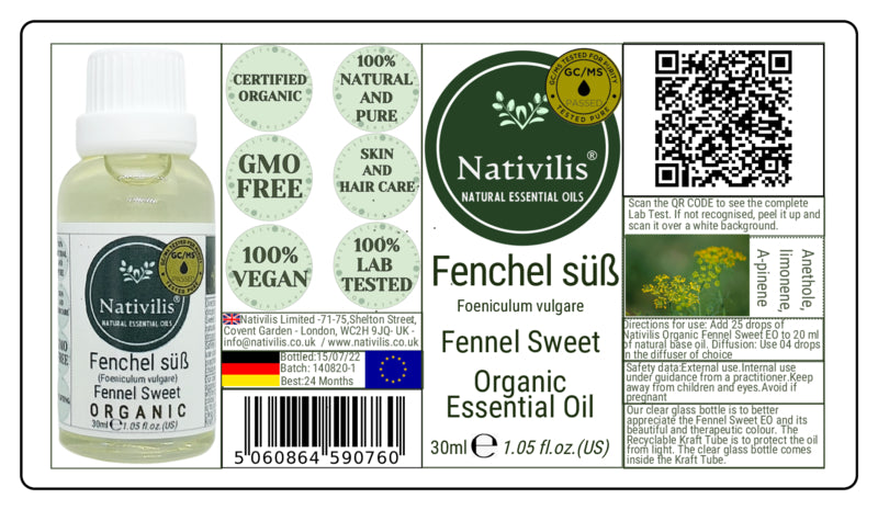 Nativilis Organic Fennel Sweet Essential Oil (Foeniculum vulgare) - 100% Natural - 30ml - (GC/MS Tested)