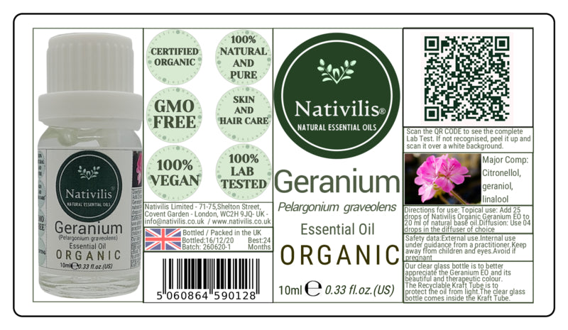 Nativilis Organic Geranium Essential Oil (Pelargonium graveolens) - 100% Natural - 10ml