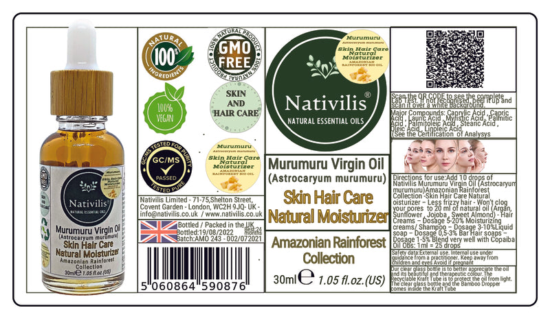 Nativilis Murumuru Virgin Oil (Astrocaryum murumuru) Amazonian Rainforest Collection - Skin Hair Care Natural Moisturizer – Less frizzy hair - Won’t clog your pores – Copaiba properties