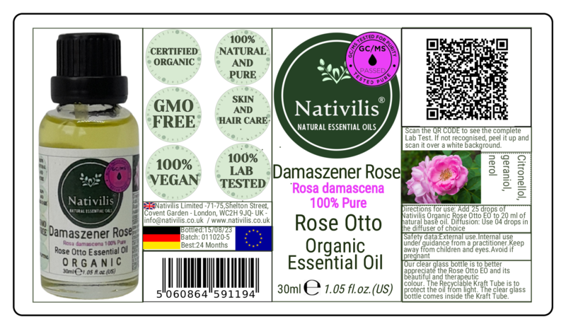 Nativilis Organic Rose Otto Essential Oil (Rosa damascena) - 100% Pure and Natural - 30ml - (GC/MS Tested) -