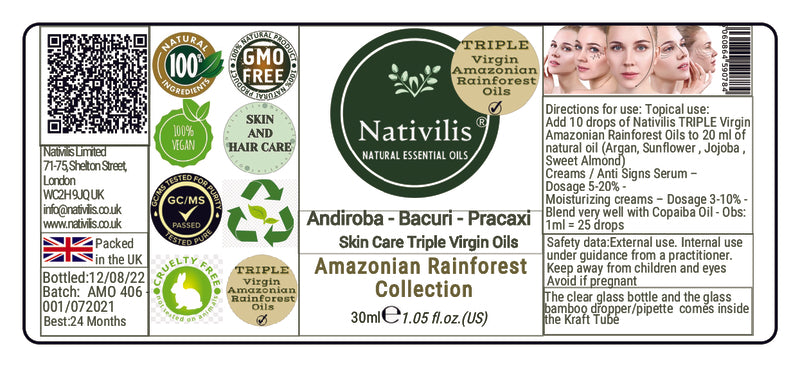 Nativilis TRIPLE Virgin Amazonian Rainforest Bio Oil - ANDIROBA - BACURI – PRACAXI - enriched 03 vegetable oils concentrated active efficacy treatment prevention cellulitis - Copaiba