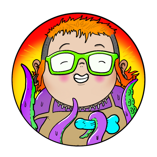 Circular cartoon image of fran tickle wearing glasses and holding a dildo with her tentacle arms