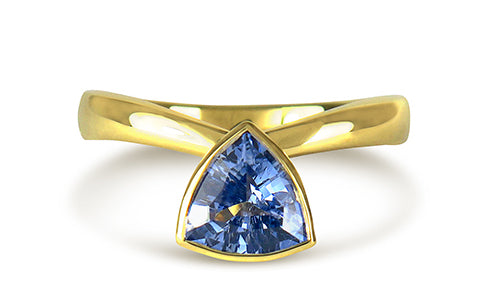 Trillion Triangular Shaped Blue Sapphire Tiara Engagement Ring in Yellow Gold