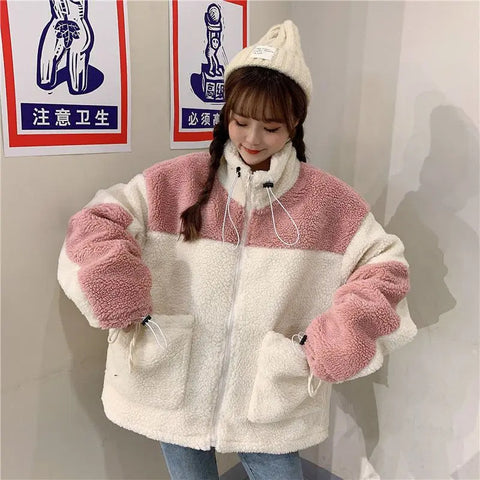 Teddy Bear Fur Oversize Hoodies Women Bomber Jacket Faux Lamb Fur Coat