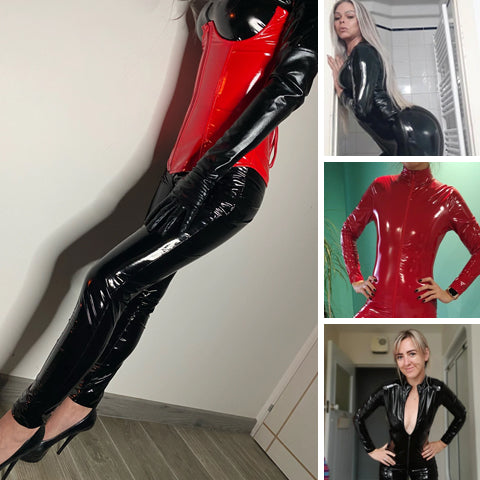 Shiny PVC Bodysuits Women Jumpsuits Long Sleeve Zipper Jumpsuit