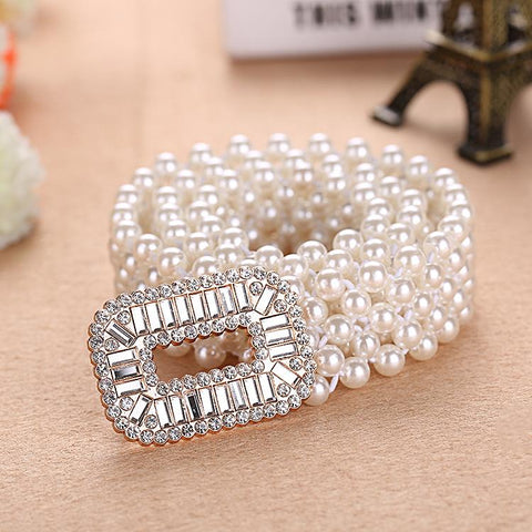 Elegant Metal Pearl Elastic Belt Buckle Chain For Women