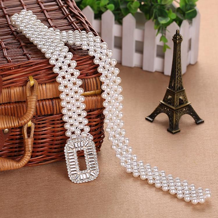 Elegant Metal Pearl Elastic Belt Buckle Chain For Women