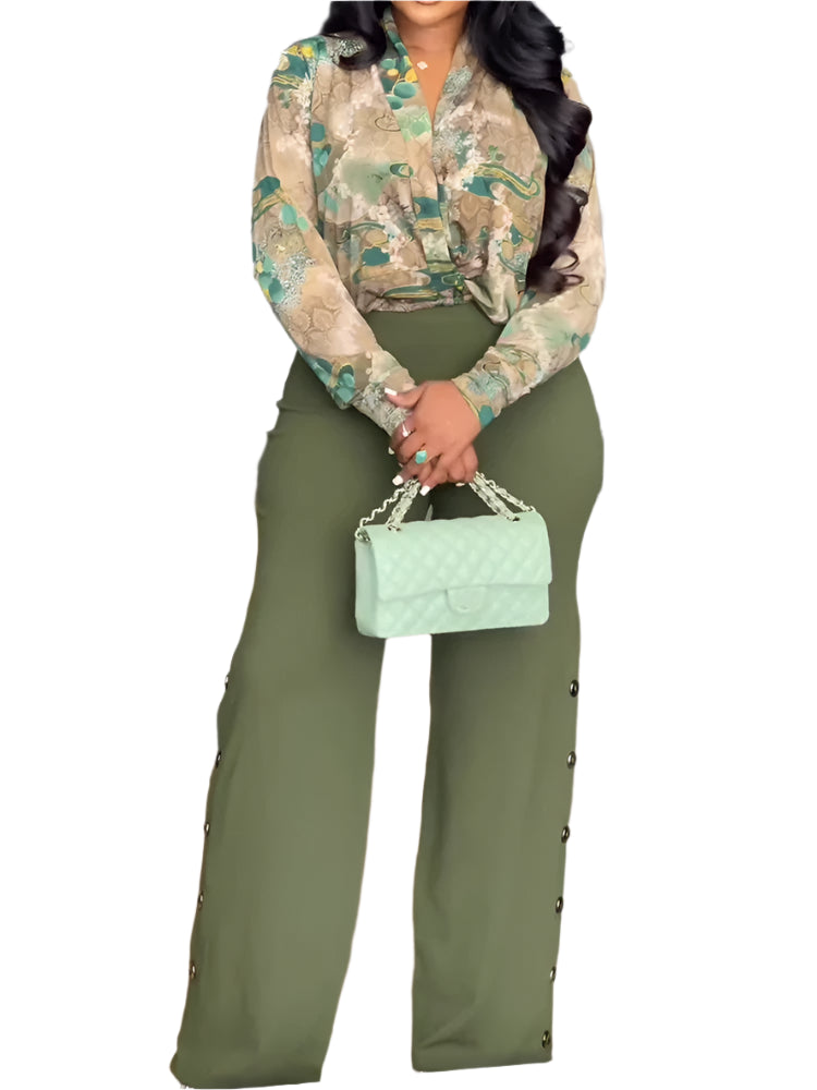 Long Sleeve Print Shirt and Wide Leg Pant Streetwear Two 2 Piece Set