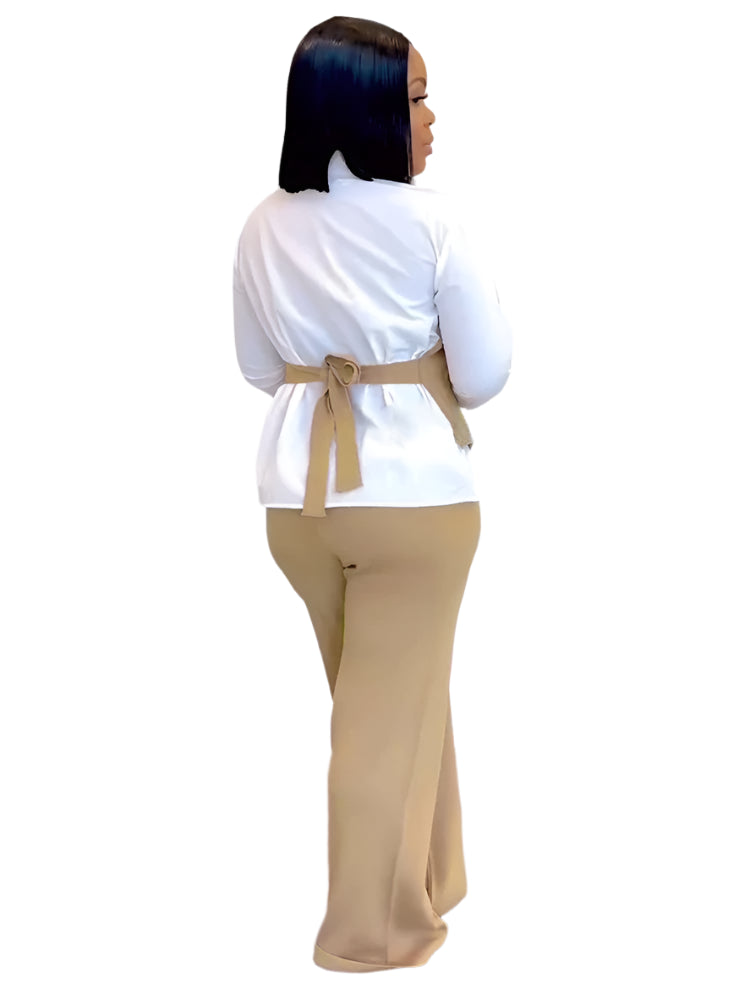 Long Sleeve Patchwork Vest Shirt and Straight Pants Two 2 Piece Set