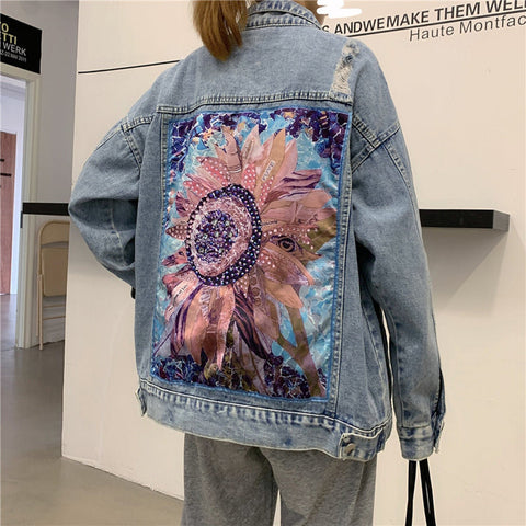 Denim Jacket Sequin Floral Appliques Embroidery Long Sleeve Outerwear