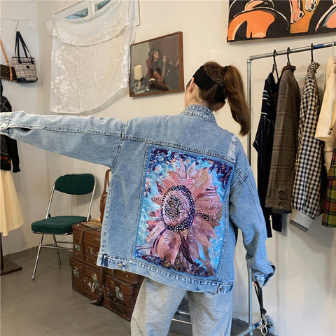 Denim Jacket Sequin Floral Appliques Embroidery Long Sleeve Outerwear