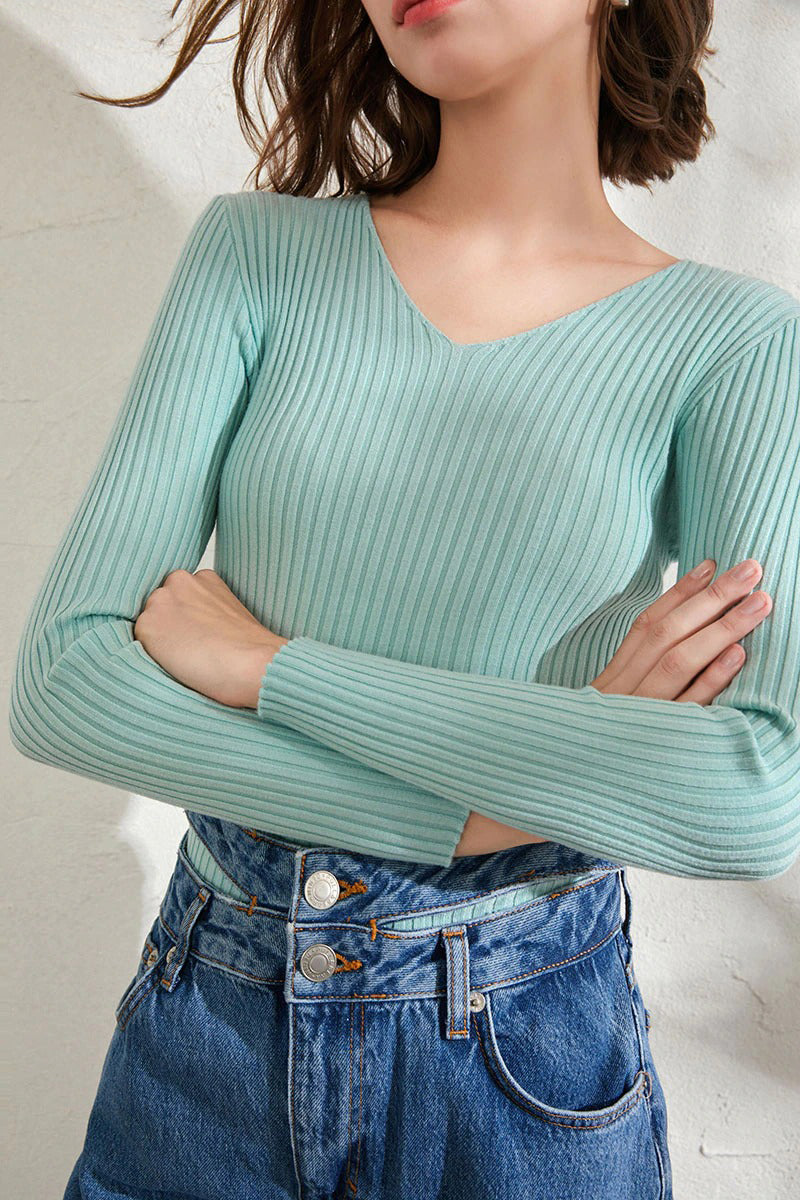 Image of Basic V-neck Solid Sweater Pullover Women Female Knitted Sweater