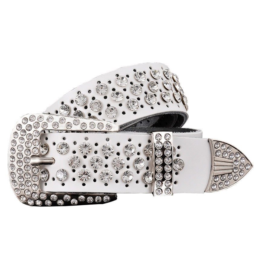 Image of Rhinestone Genuine Leather Belts Pin Buckle Belt Woman Metal Pin Belt