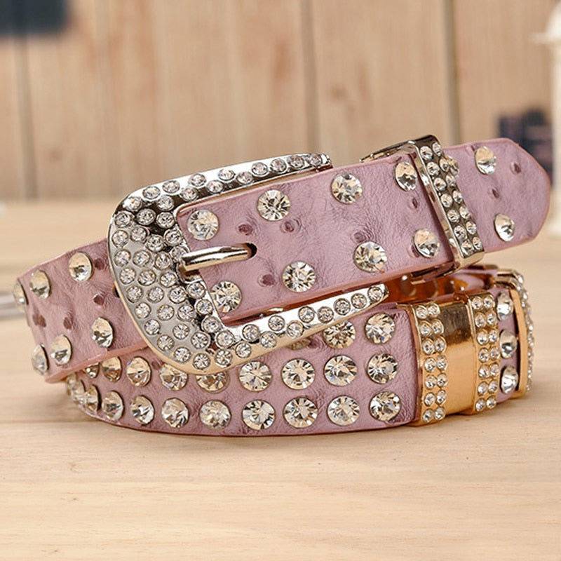 Image of Rhinestone Belts For Women Leather Belt Metal Pin Woman Buckle Belt