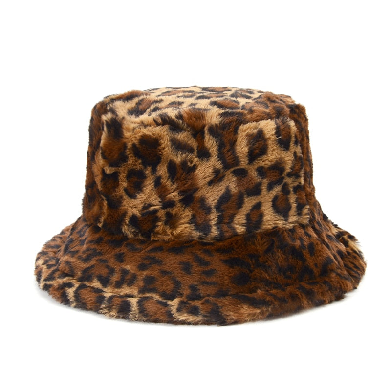 Image of Winter Leopard Faux Fur Bucket Hat Women Thick Warm Fisherman Hat