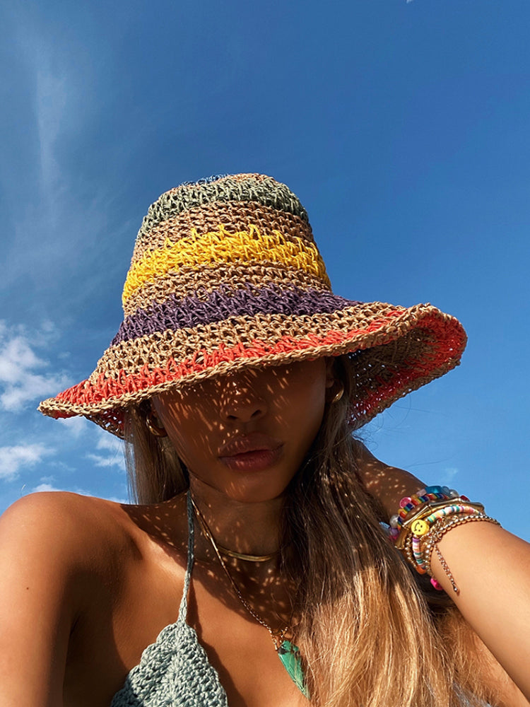 Image of Woman Sun Straw Handmade Rainbow Striped Crochet Beach Bucket Hat