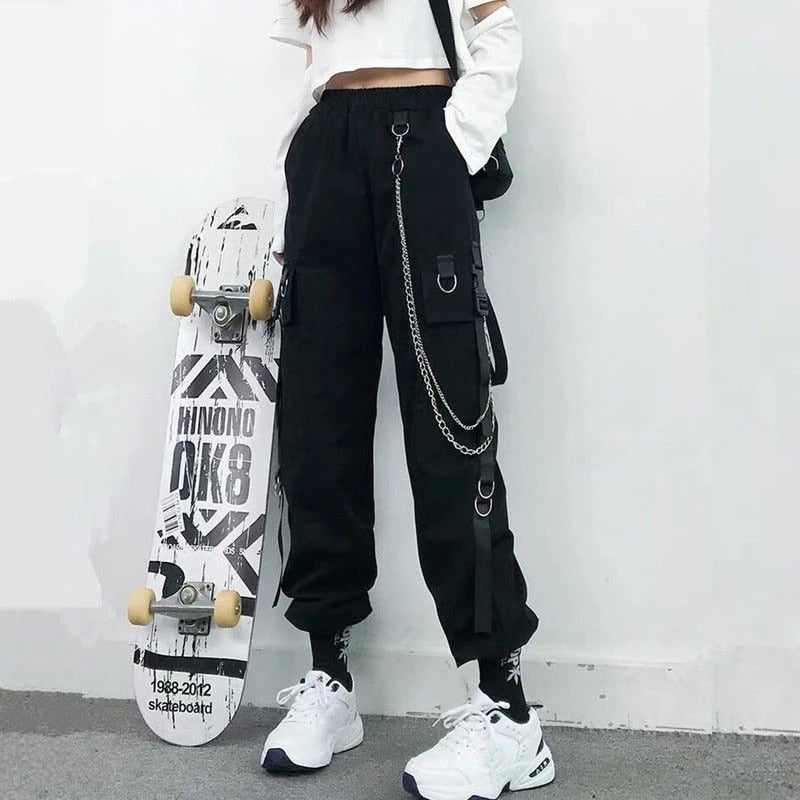 Image of Women Cargo Pants Harem Pants Pockets Jogger Trousers With Chain Pants