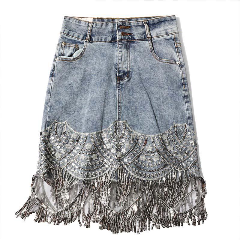 Image of Denim Mini Skirts High Waist Blue Hip Jeans Beading Tassel Skirt