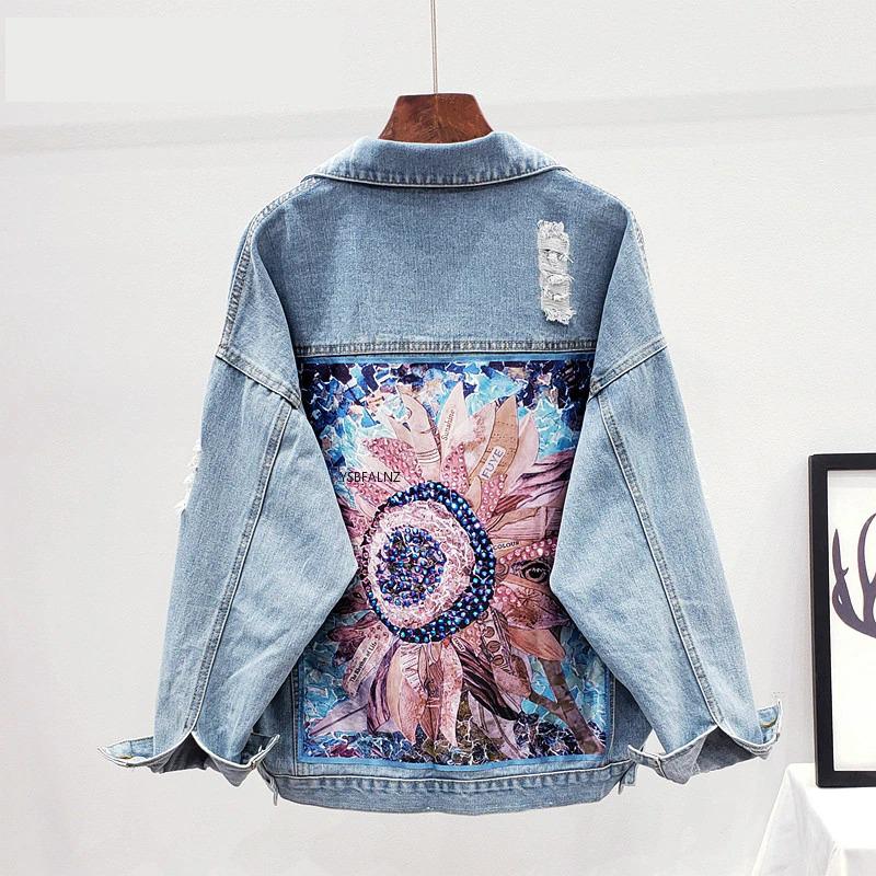 Image of Denim Jacket Sequin Floral Appliques Embroidery Long Sleeve Outerwear